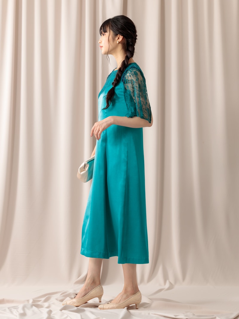 【定番商品 半額SALE】フレアー袖グロッシーサテンワンピース［ドレス］