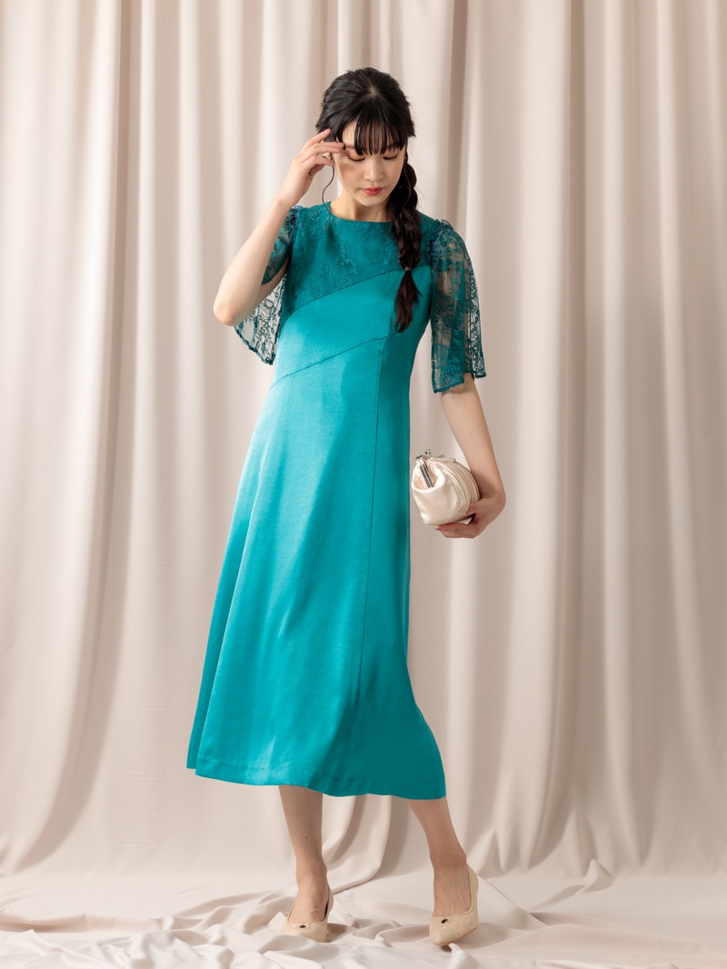 【定番商品 半額SALE】フレアー袖グロッシーサテンワンピース［ドレス］