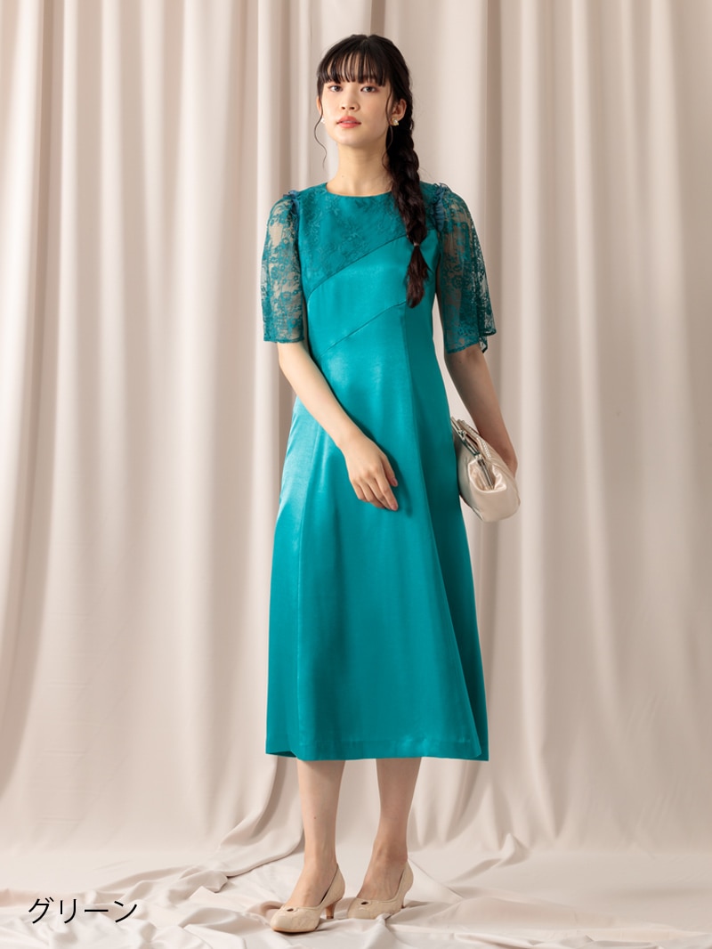 【定番商品 半額SALE】フレアー袖グロッシーサテンワンピース［ドレス］