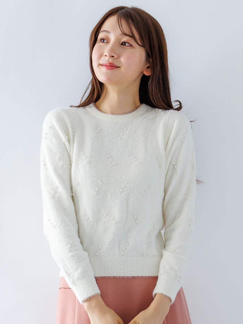 ﾐﾝｸﾗｲｸﾌｧｰ ﾊﾟｰﾙ×柄丸首ﾆｯﾄ＜アウトレット均一価格＞