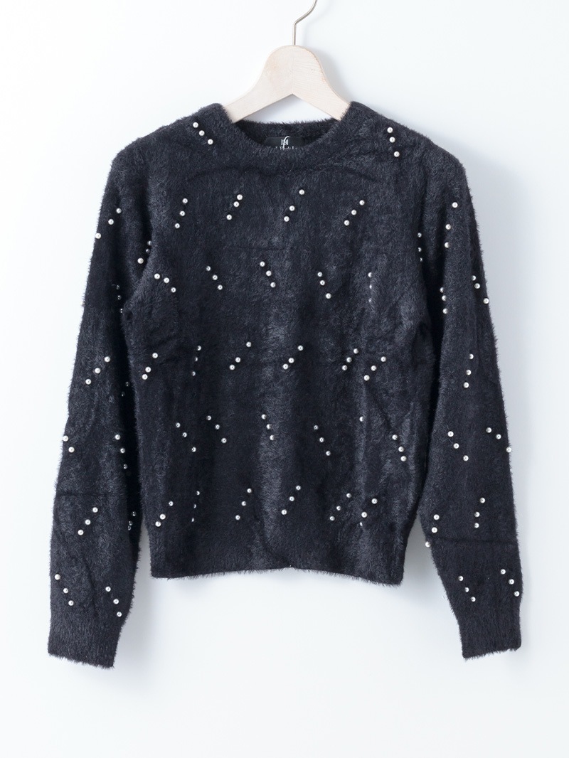 ﾐﾝｸﾗｲｸﾌｧｰ ﾊﾟｰﾙ×柄丸首ﾆｯﾄ＜アウトレット均一価格＞