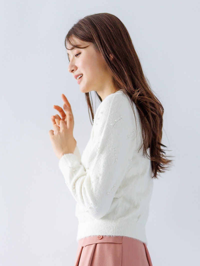 ﾐﾝｸﾗｲｸﾌｧｰ ﾊﾟｰﾙ×柄丸首ﾆｯﾄ＜アウトレット均一価格＞