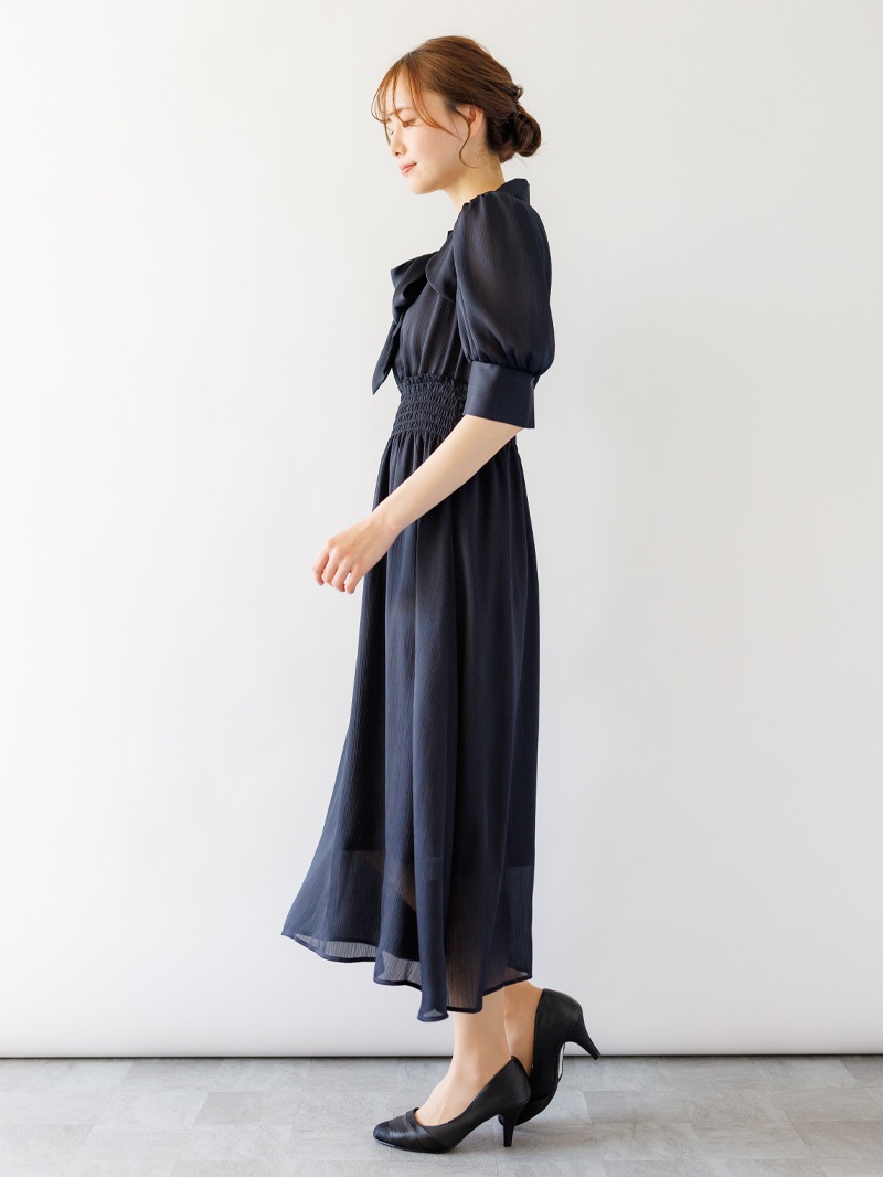 【限定70％OFF】5分袖フロントあき楊柳タイ付ワンピース［ドレス・セレモニー］