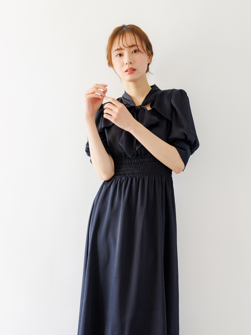 【限定70％OFF】5分袖フロントあき楊柳タイ付ワンピース［ドレス・セレモニー］