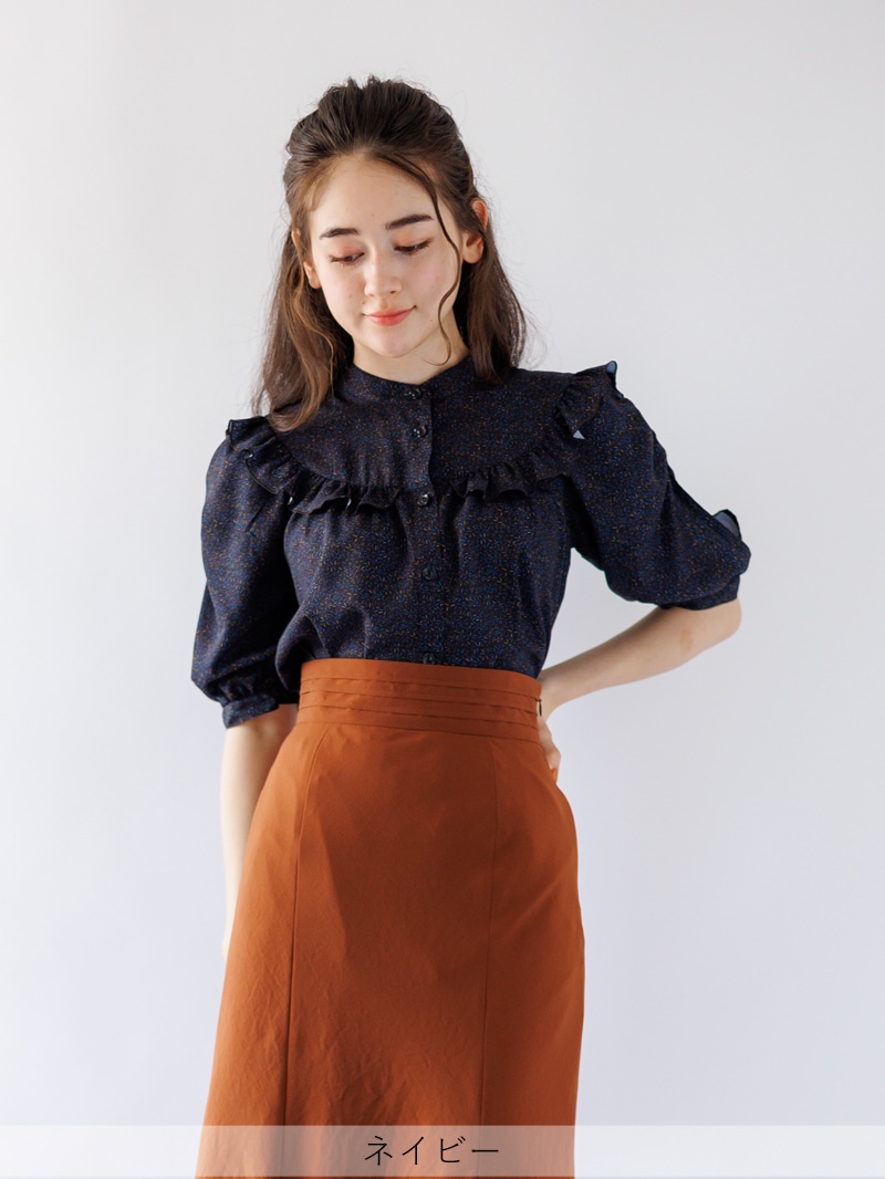 【OUTLET 2500円】幾何学柄プリントギャザーブラウス<10本以下>