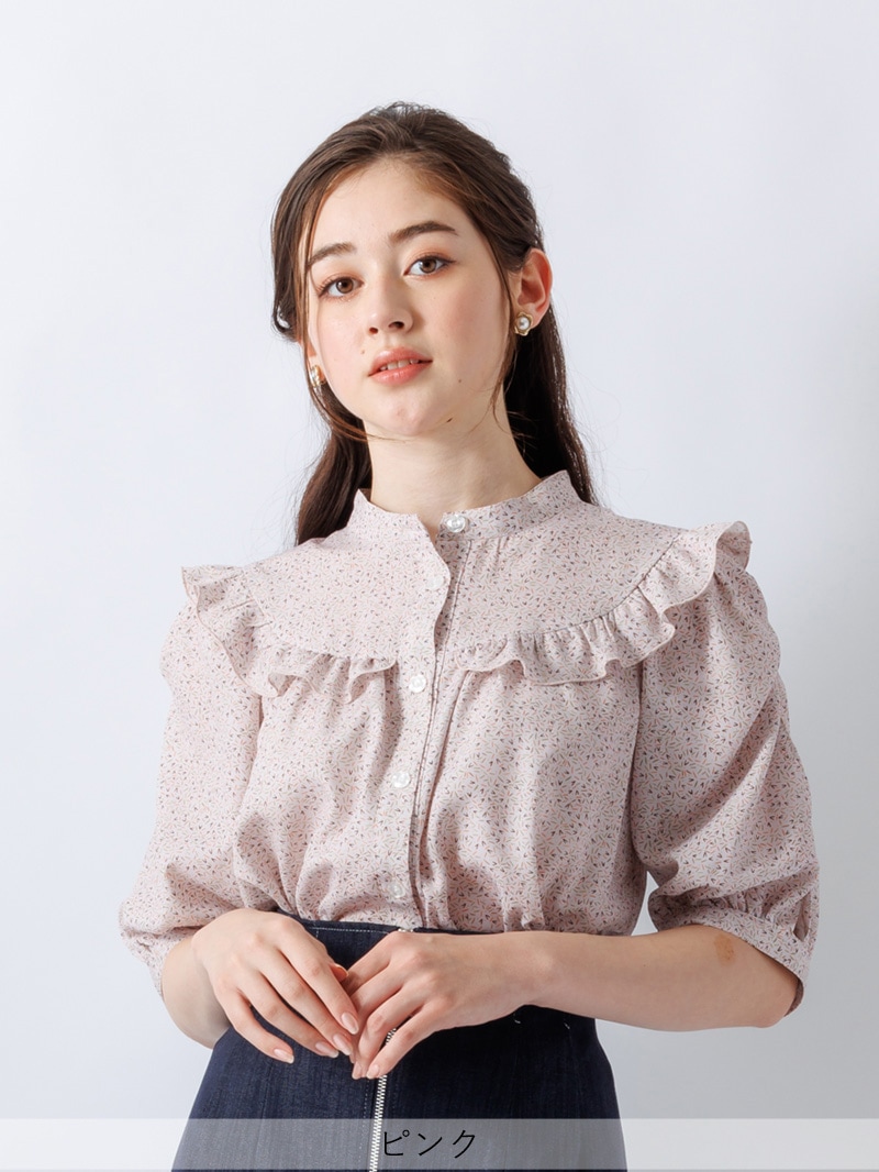 【OUTLET 2500円】幾何学柄プリントギャザーブラウス<10本以下>
