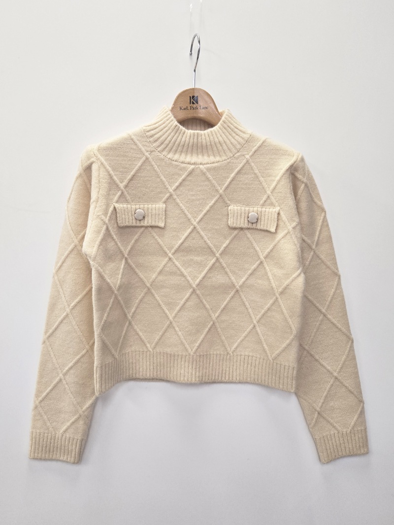 【20%OFF】ダイヤ柄編みタブ付ニット