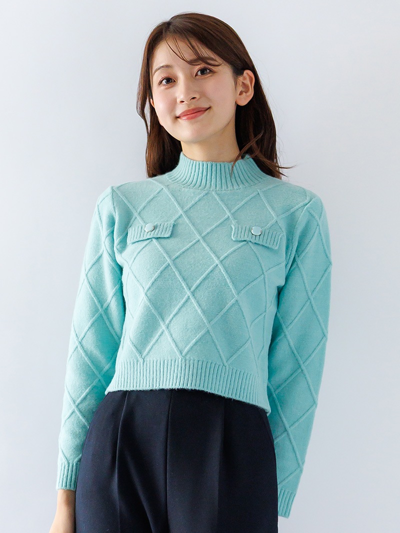 【20%OFF】ダイヤ柄編みタブ付ニット