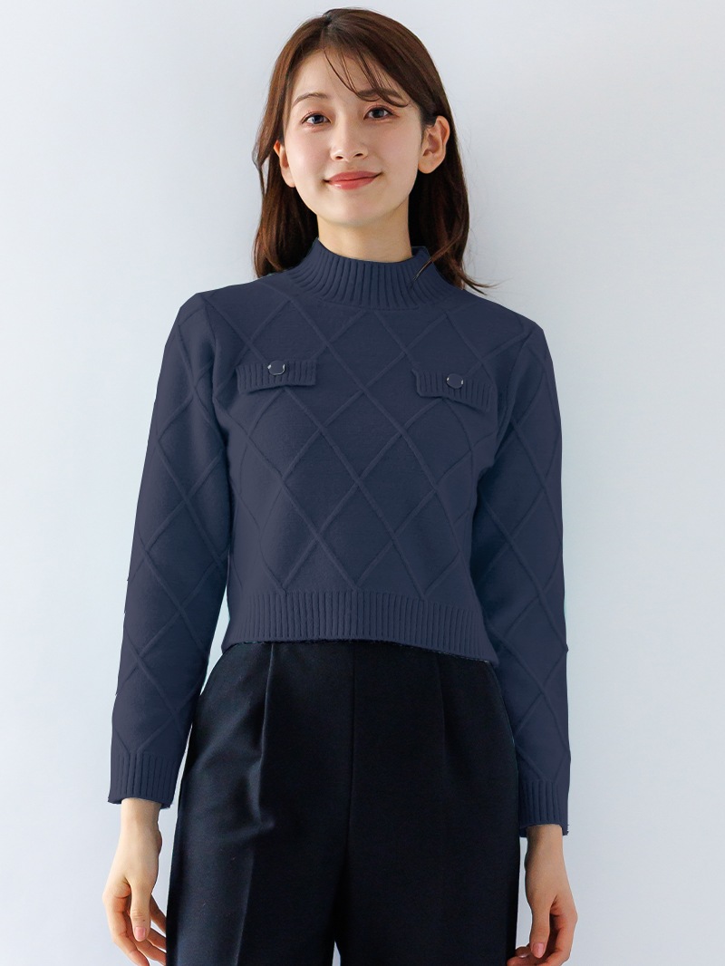 【20%OFF】ダイヤ柄編みタブ付ニット