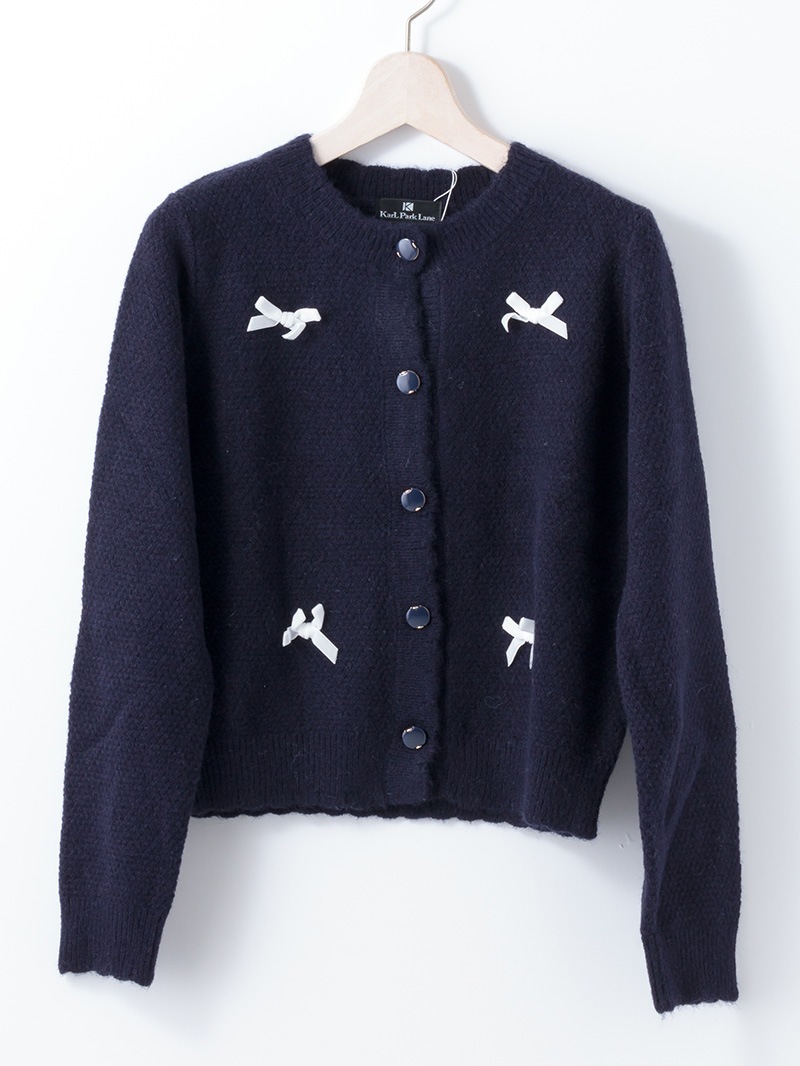 【40％OFF】ベルベットリボン付丸首ピコカーデ