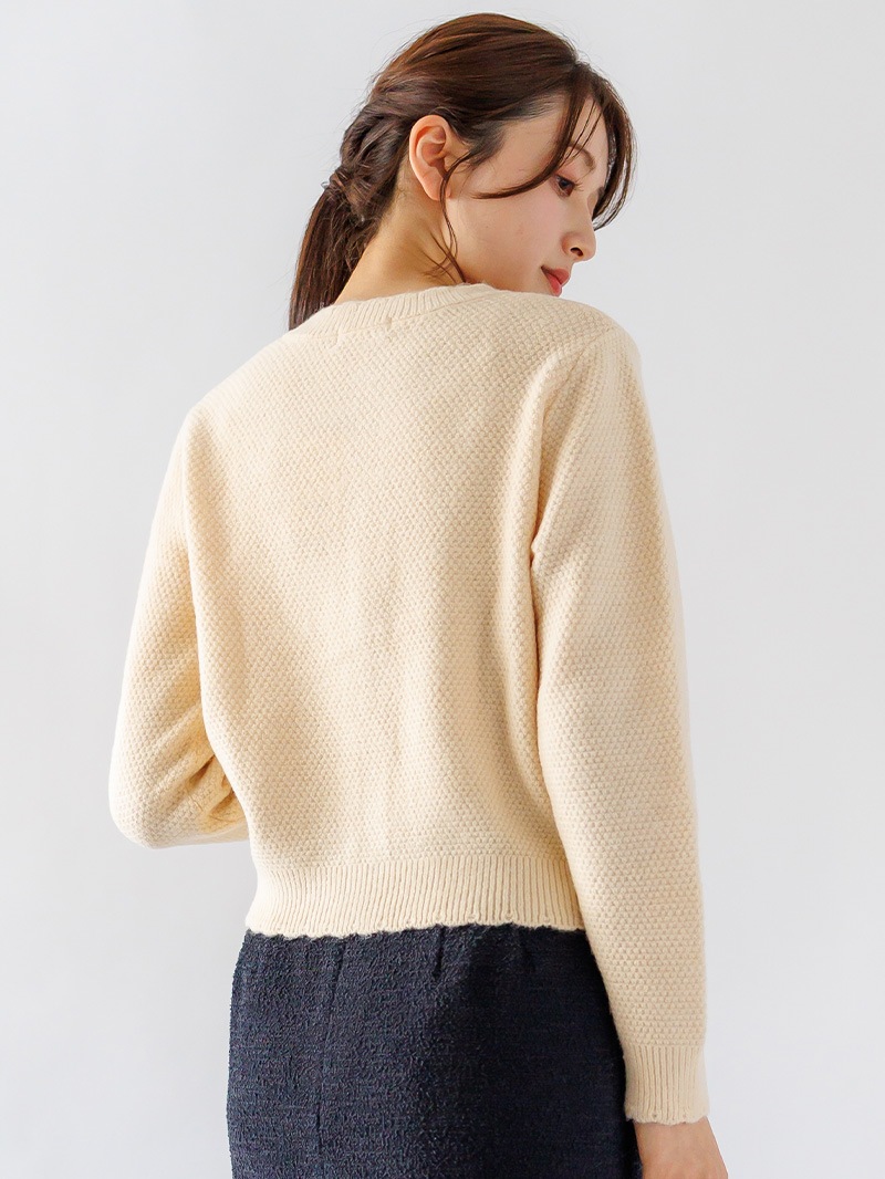 【40％OFF】ベルベットリボン付丸首ピコカーデ