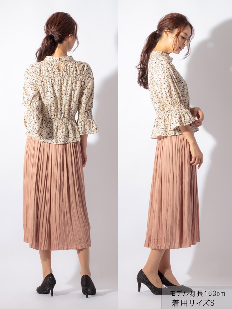 プリント立衿8分袖シャーリングブラウス＜アウトレット均一価格＞