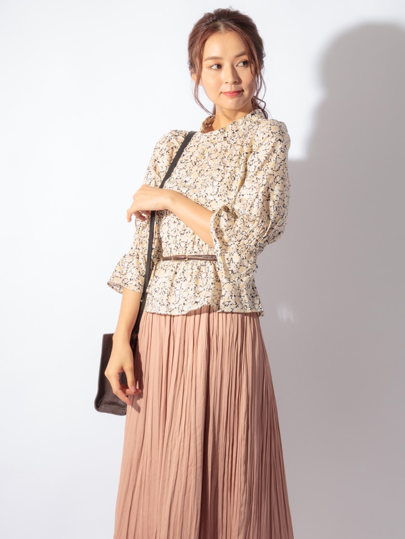 プリント立衿8分袖シャーリングブラウス＜アウトレット均一価格＞