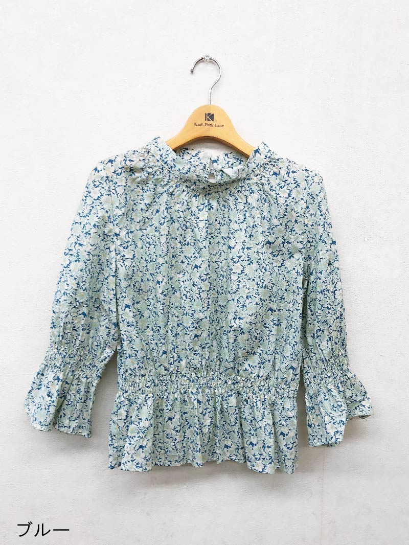 プリント立衿8分袖シャーリングブラウス＜アウトレット均一価格＞