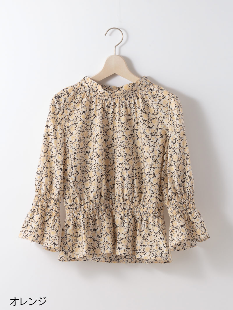 プリント立衿8分袖シャーリングブラウス＜アウトレット均一価格＞