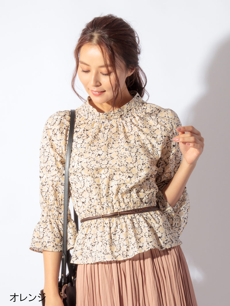 プリント立衿8分袖シャーリングブラウス＜アウトレット均一価格＞