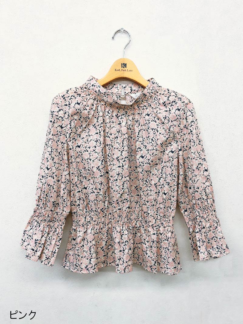 プリント立衿8分袖シャーリングブラウス＜アウトレット均一価格＞