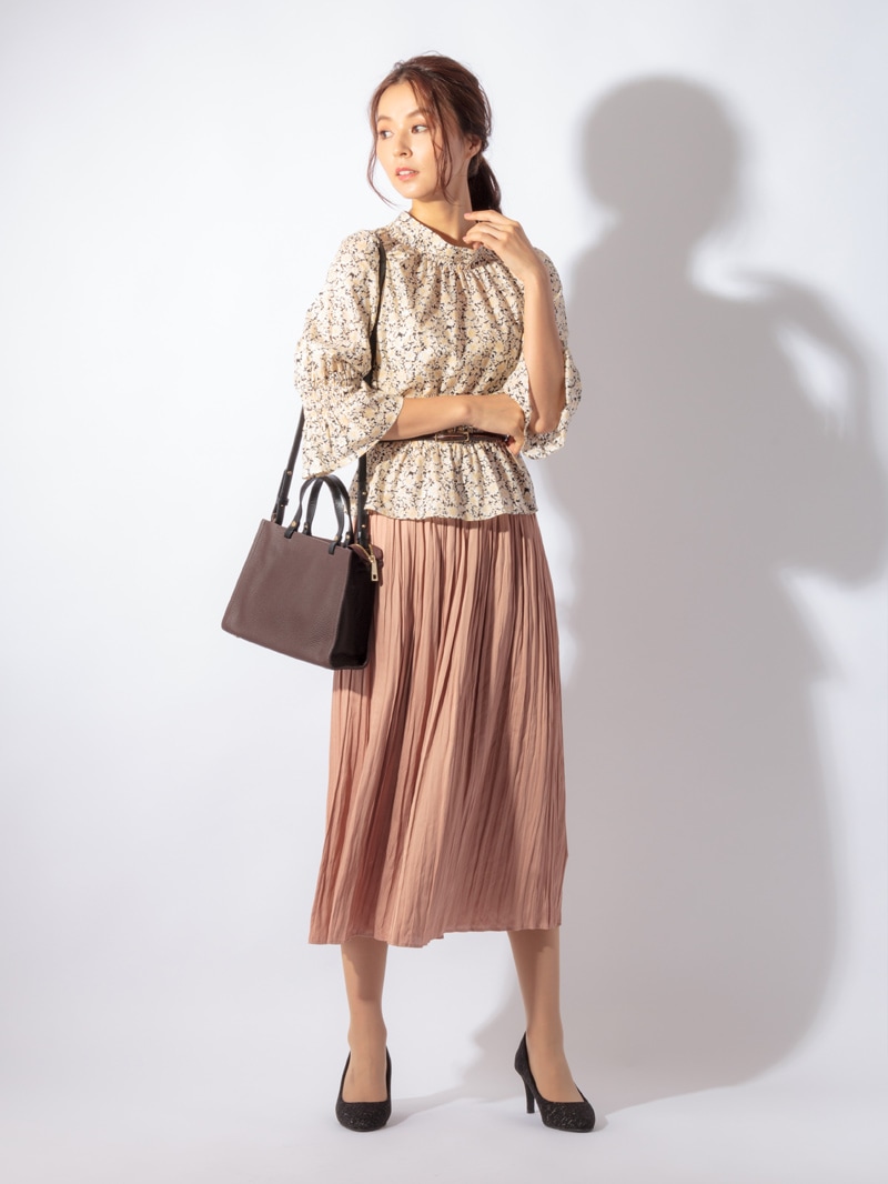 プリント立衿8分袖シャーリングブラウス＜アウトレット均一価格＞