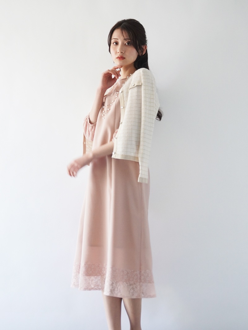 配色ツィード調丸首カーディガン