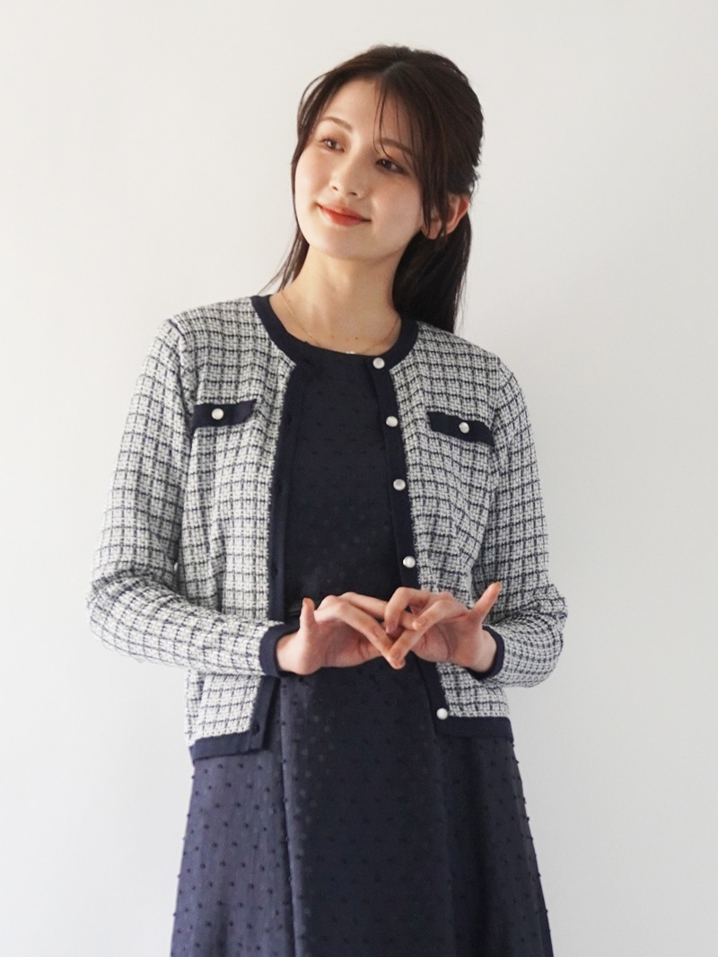 配色ツィード調丸首カーディガン