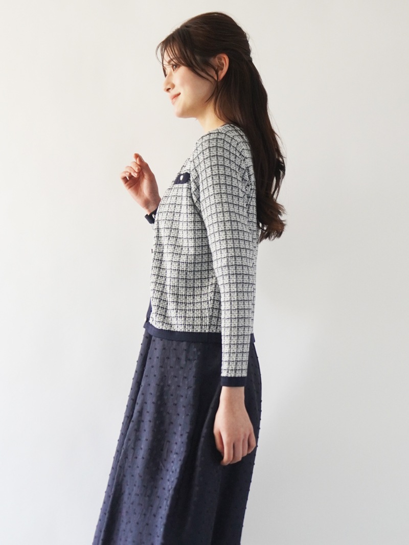 配色ツィード調丸首カーディガン