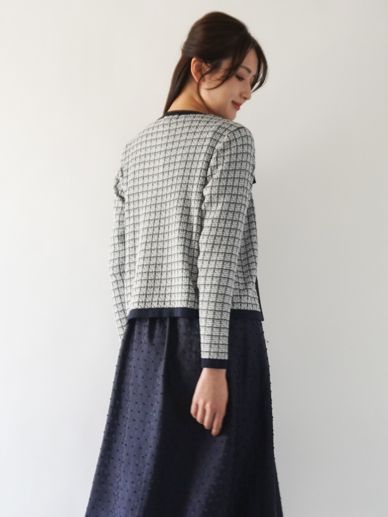 配色ツィード調丸首カーディガン