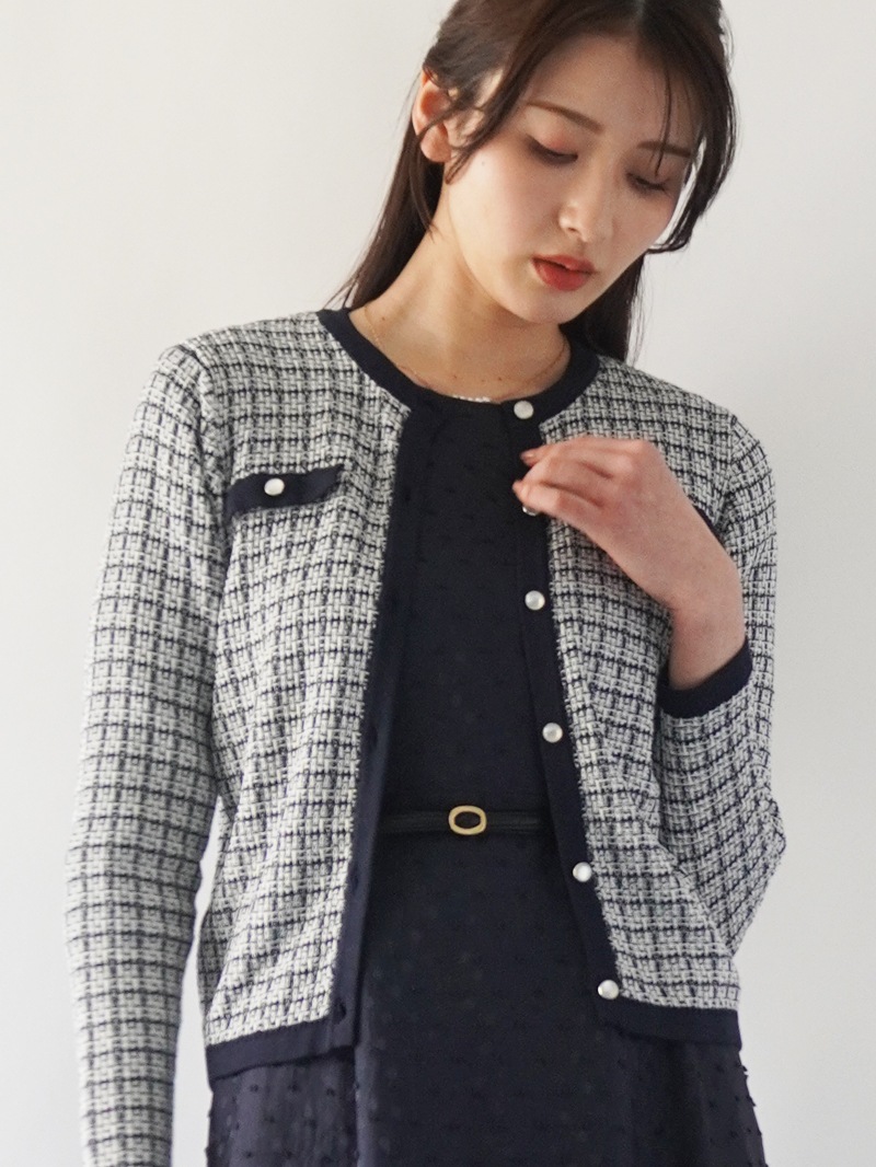 配色ツィード調丸首カーディガン
