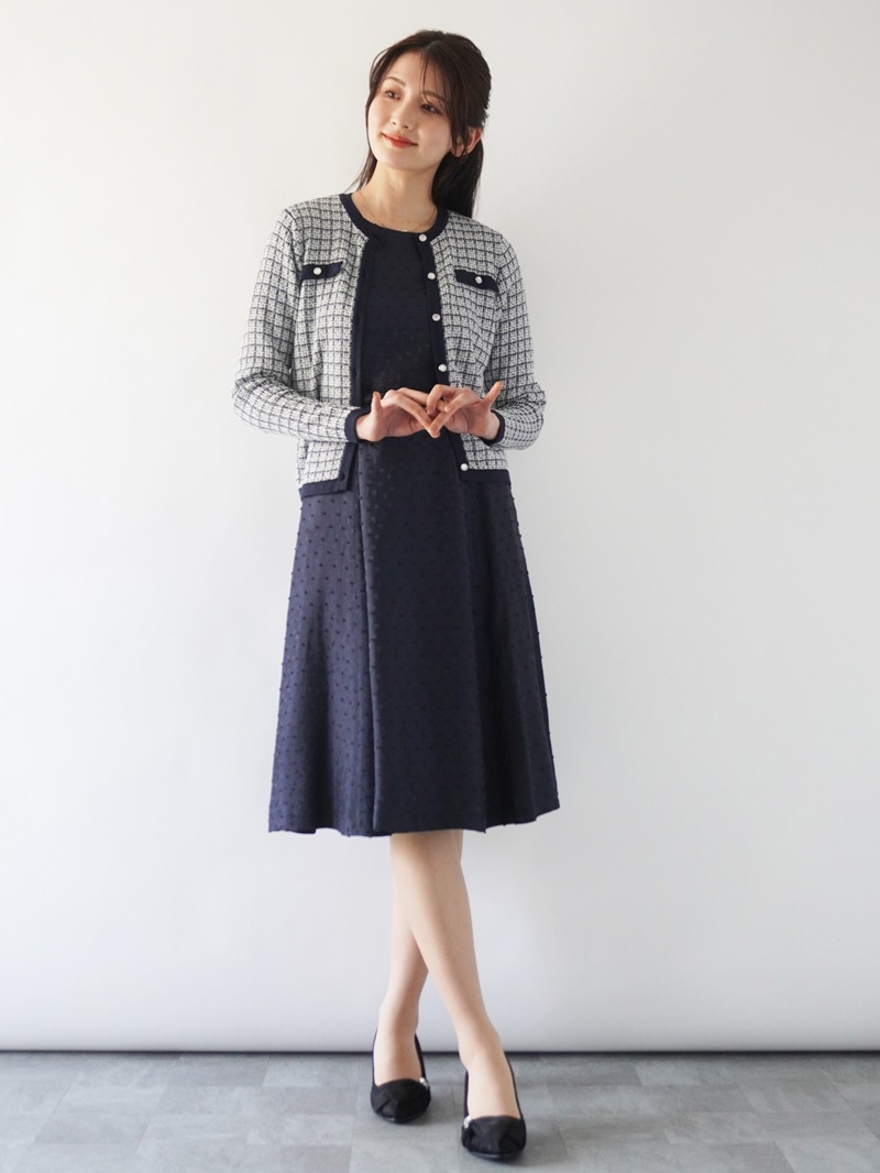 配色ツィード調丸首カーディガン