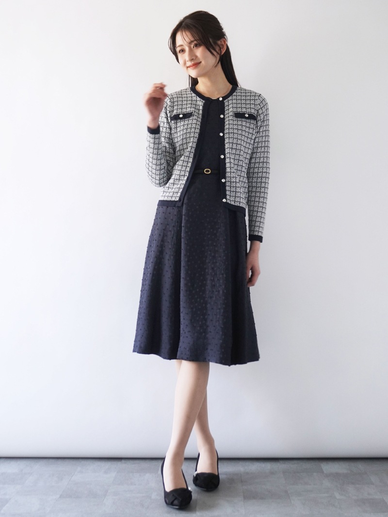 配色ツィード調丸首カーディガン