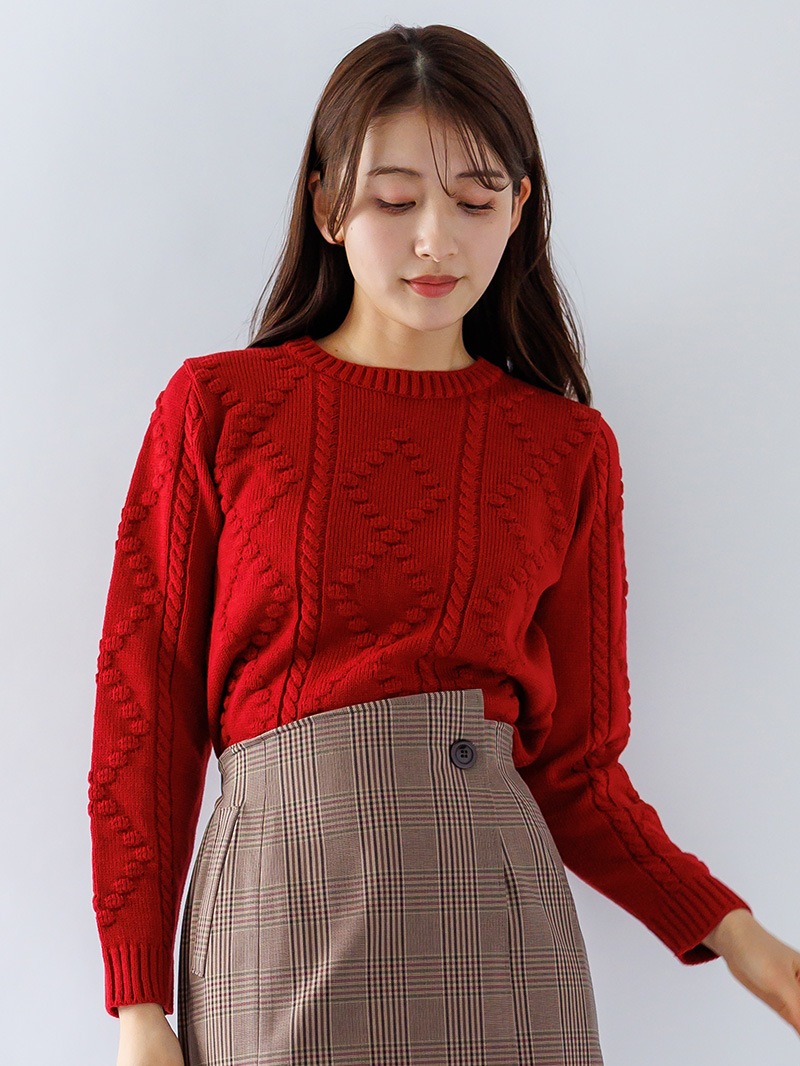 【20%OFF】ﾛｰｹﾞｰｼﾞ ｹｰﾌﾞﾙ×ﾀﾞｲﾔ柄丸首ﾆｯﾄ