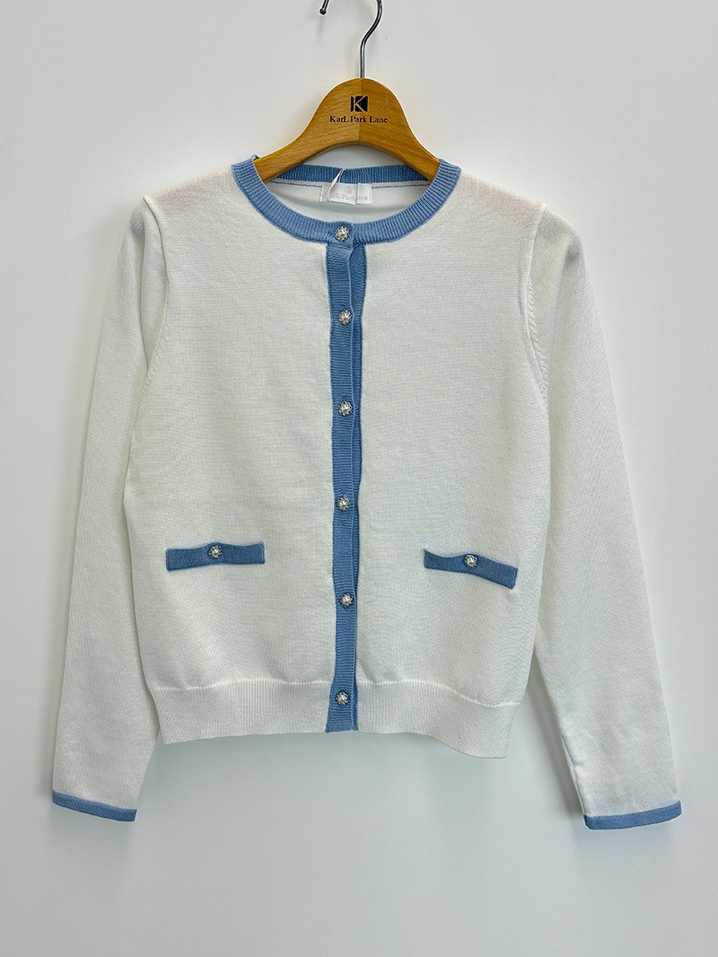 【20％OFF】配色タブ付丸首カーディガン
