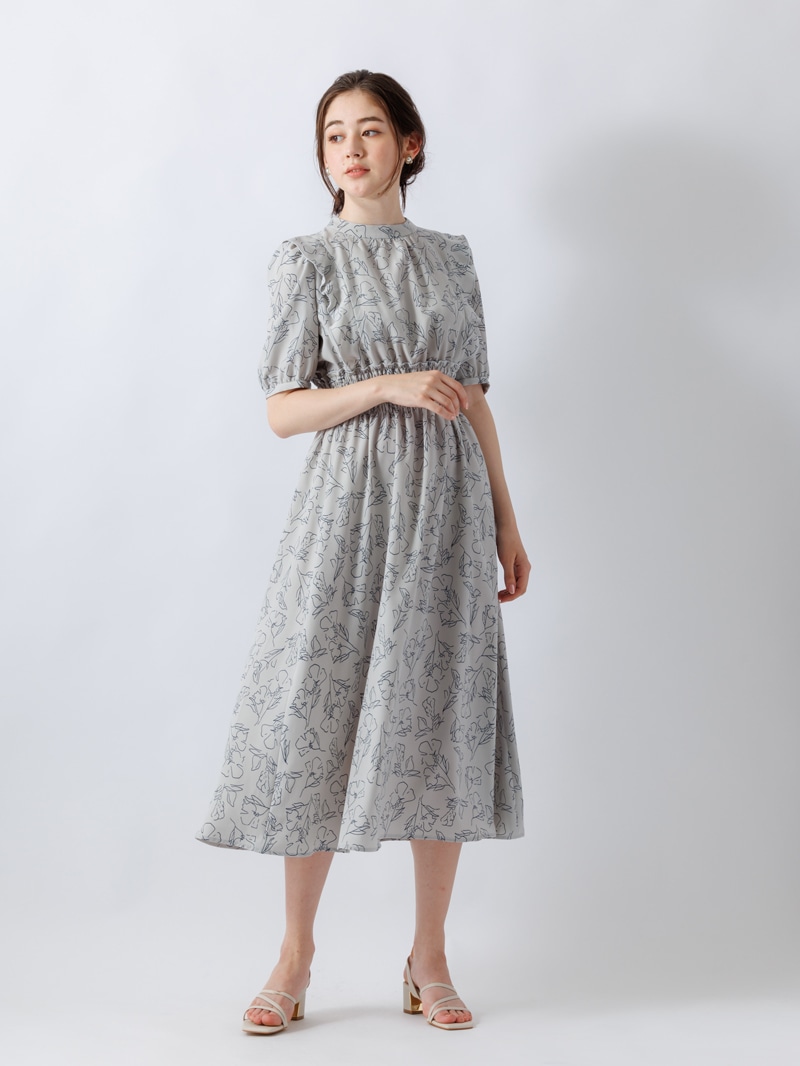 【30％OFF】５分袖線画シャーリングワンピース