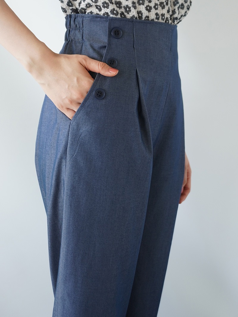 【30％OFF】リヨポリ釦アクセント太身パンツ