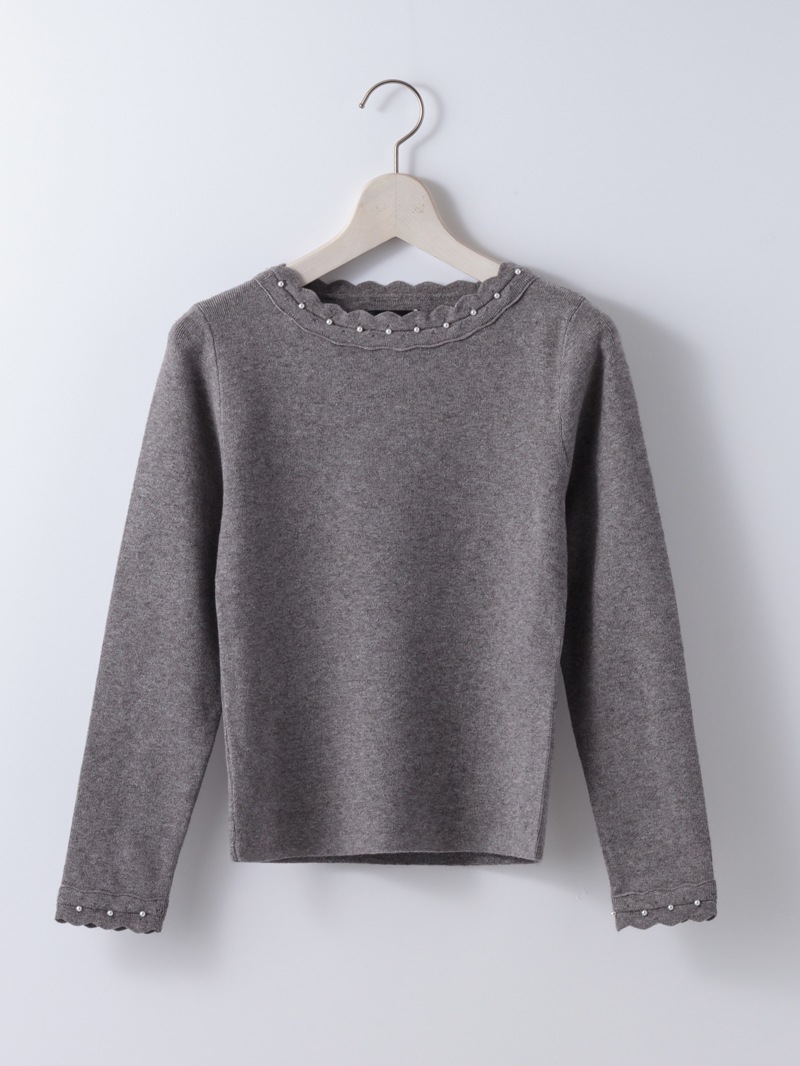 【70％OFF】端ピコ パール刺繍丸首ニット