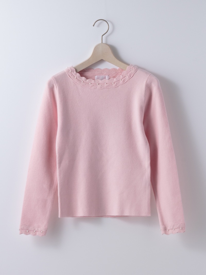 【70％OFF】端ピコ パール刺繍丸首ニット