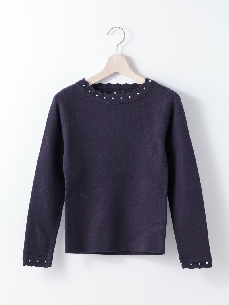 【70％OFF】端ピコ パール刺繍丸首ニット