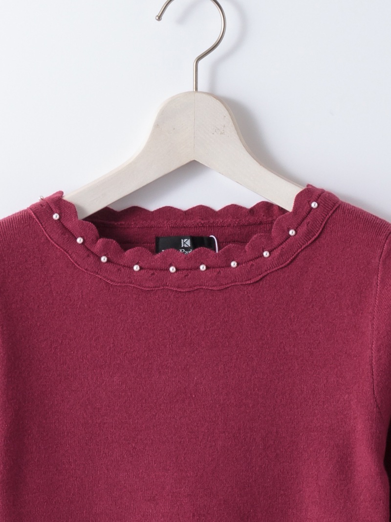 【70％OFF】端ピコ パール刺繍丸首ニット