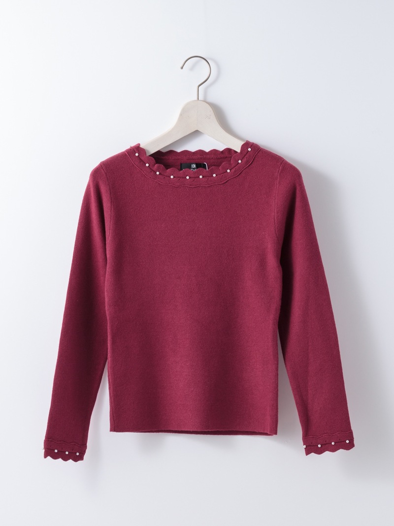 【70％OFF】端ピコ パール刺繍丸首ニット