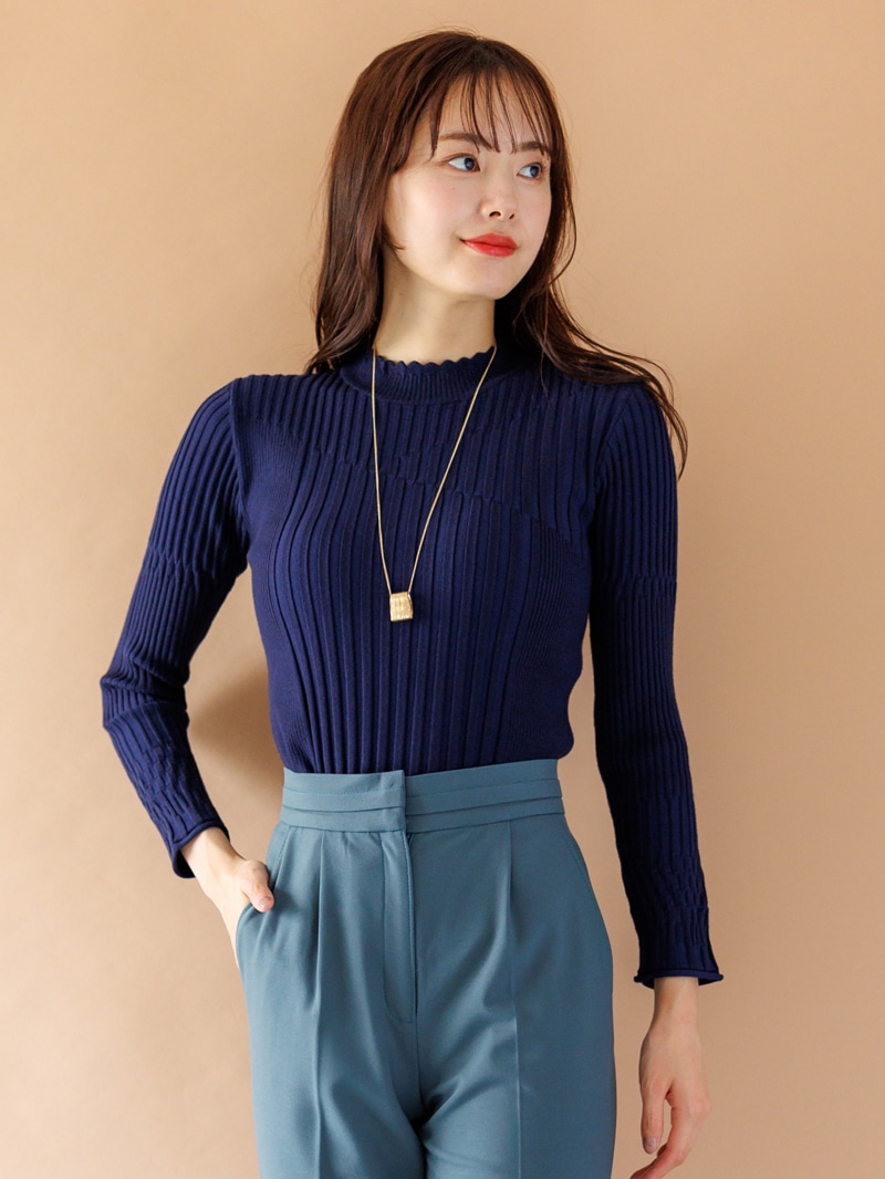 衿なみ柄切替リブハイネックニット<アウトレット均一価格>