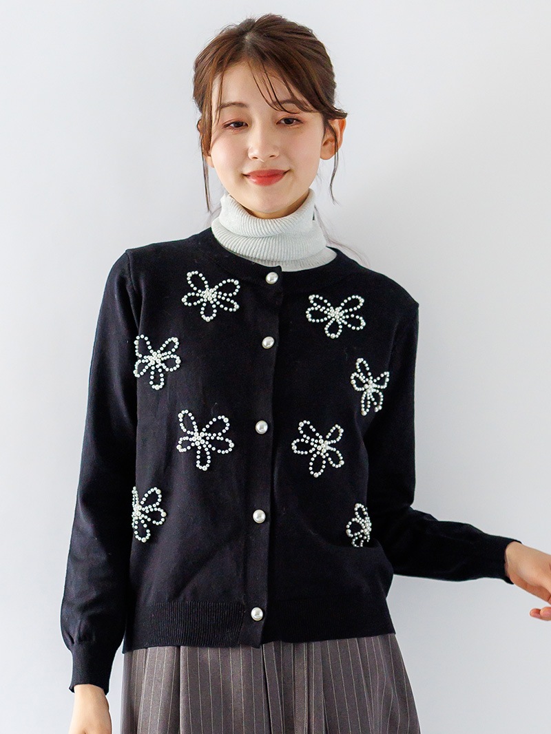 【20%OFF】花パール丸首カーディガン