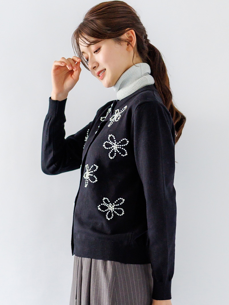 【20%OFF】花パール丸首カーディガン