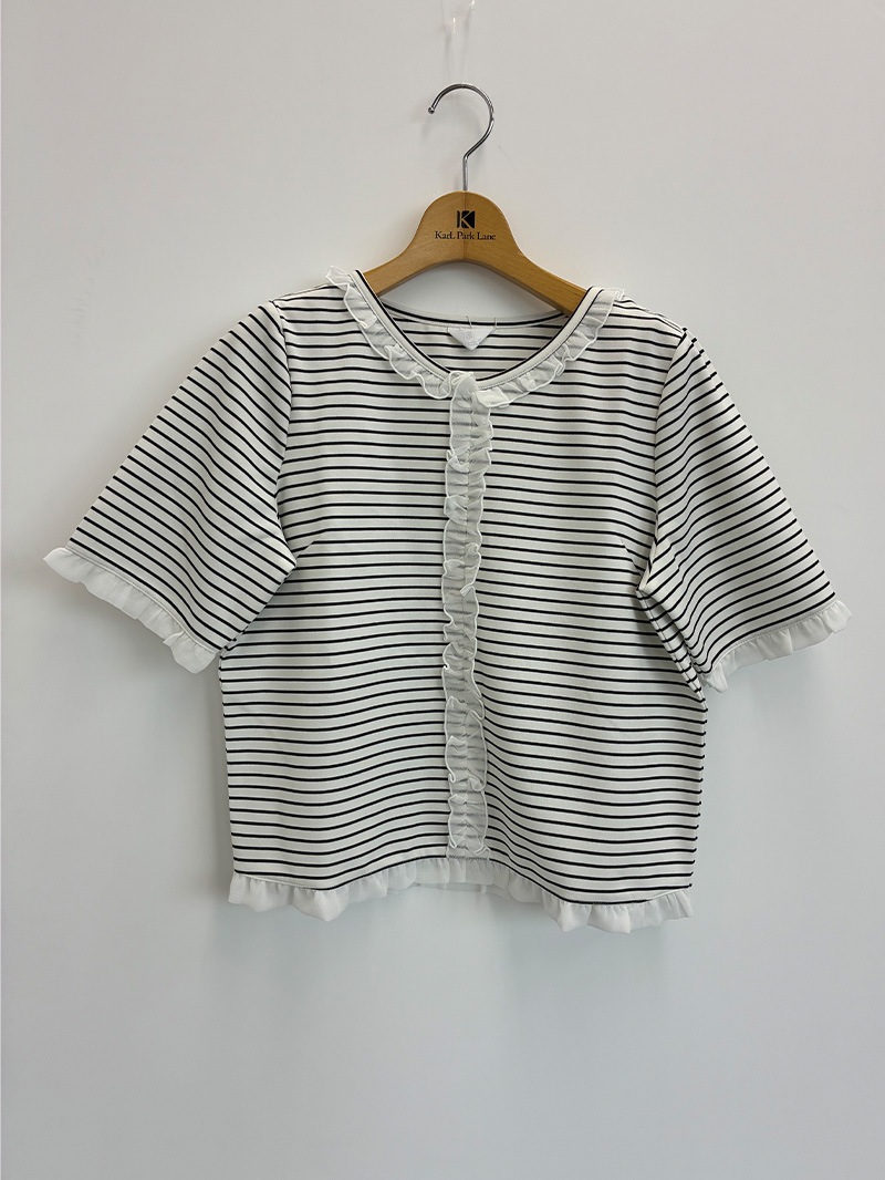 【20％OFF】ボーダーフリル付半袖カットソー
