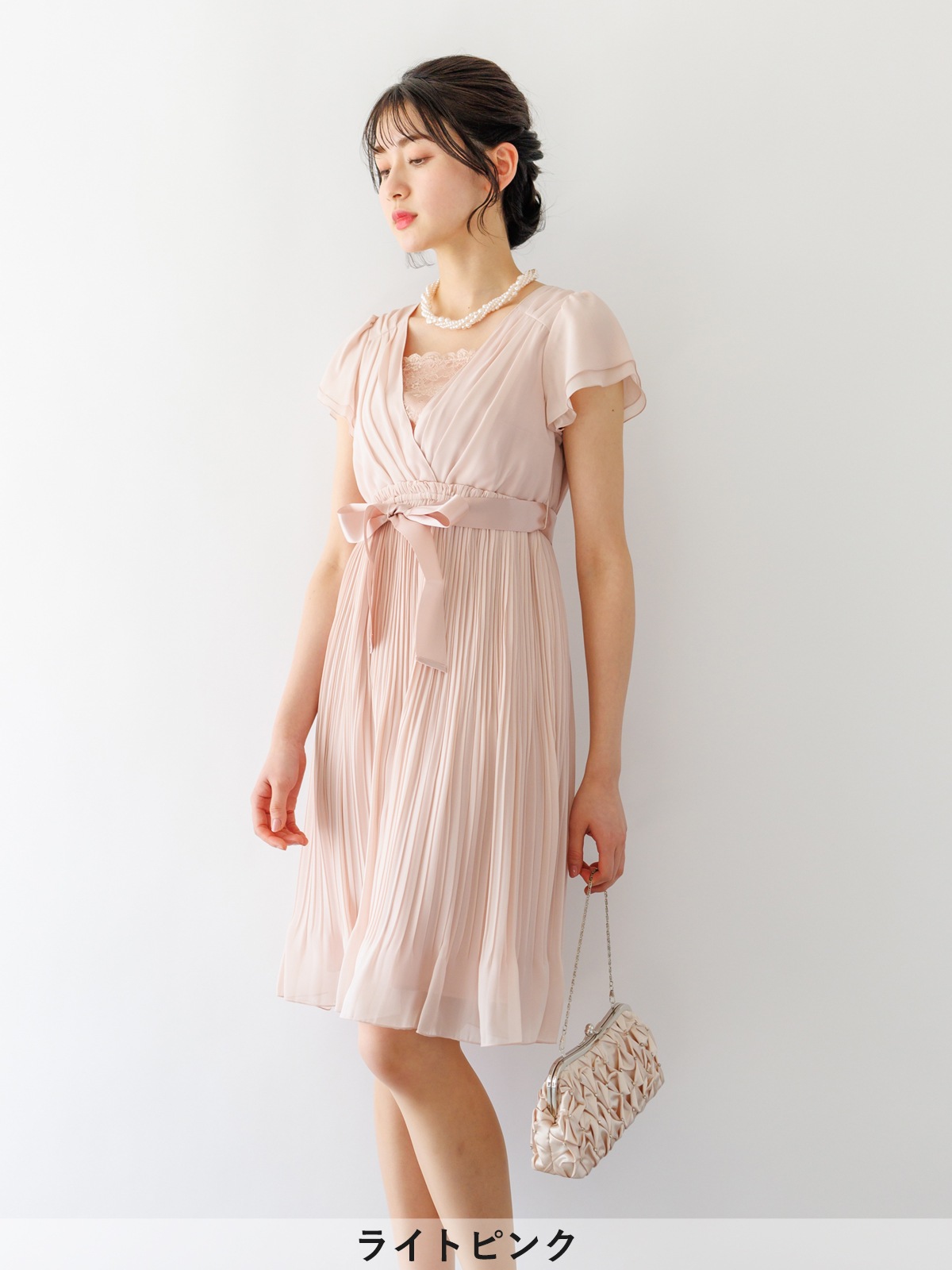 【KAREN MILLEN】パールディテール☆カシュクールドレープワンピ 胸元レースカシュクールプリーツワンピ|KarLParkLane Style