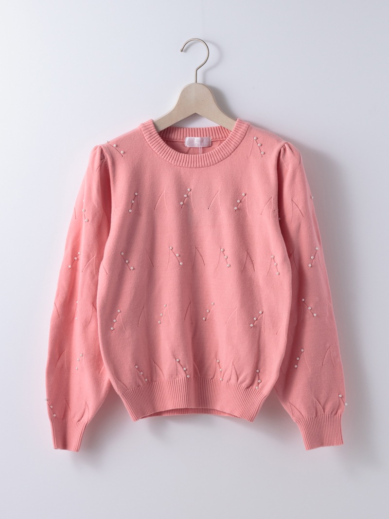 パール刺繍丸首ニット<アウトレット均一価格>