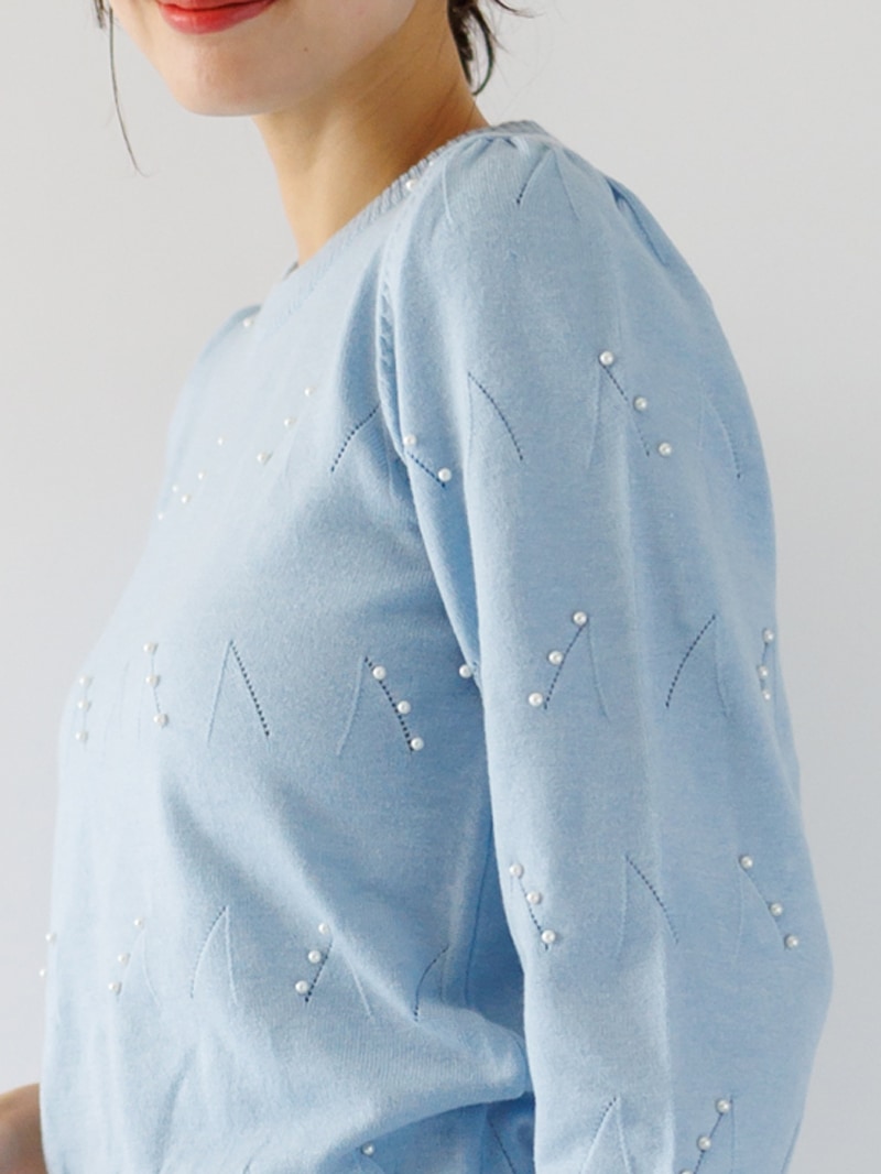 パール刺繍丸首ニット<アウトレット均一価格>