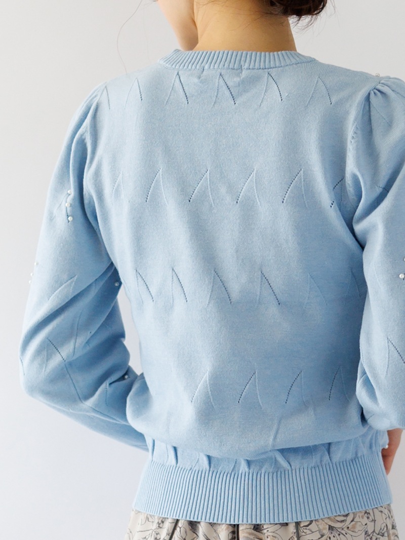 パール刺繍丸首ニット<アウトレット均一価格>