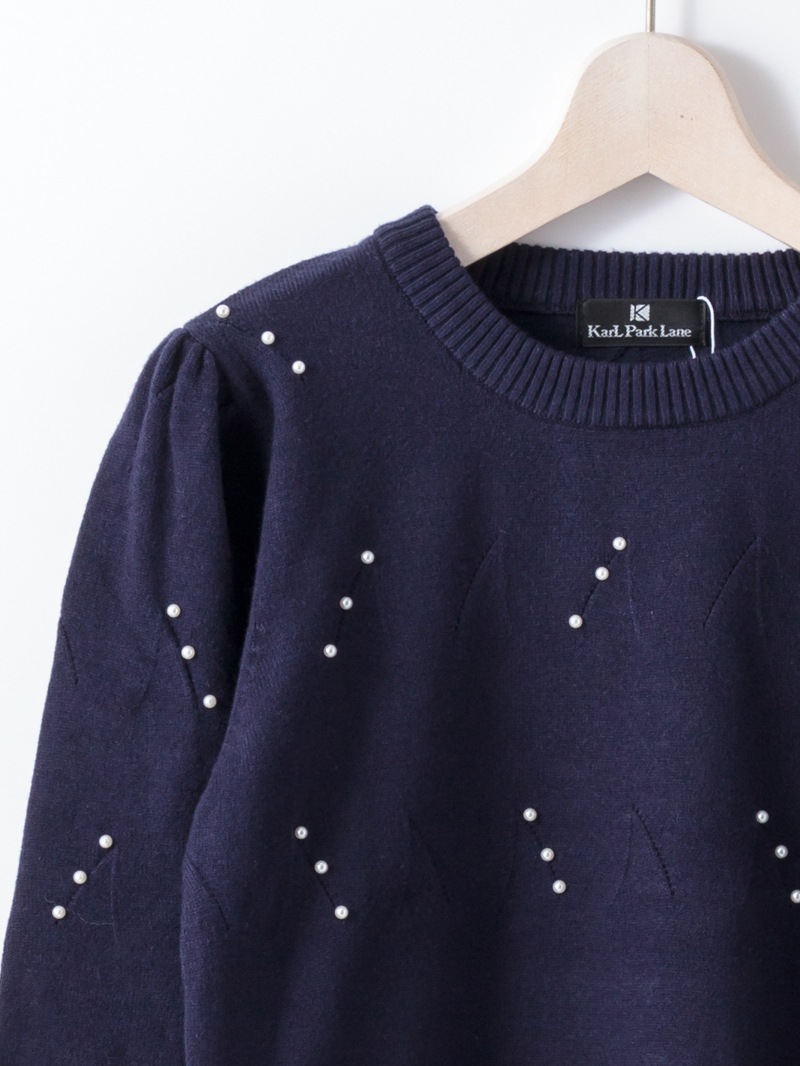 パール刺繍丸首ニット<アウトレット均一価格>