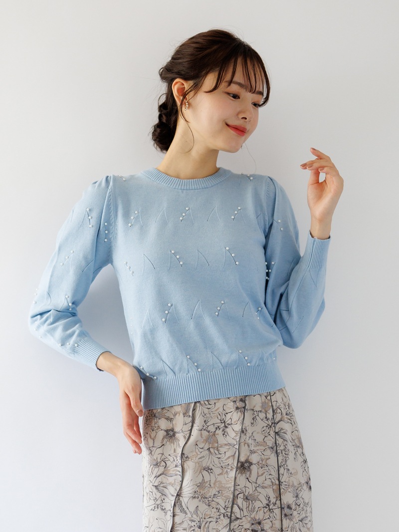 パール刺繍丸首ニット<アウトレット均一価格>