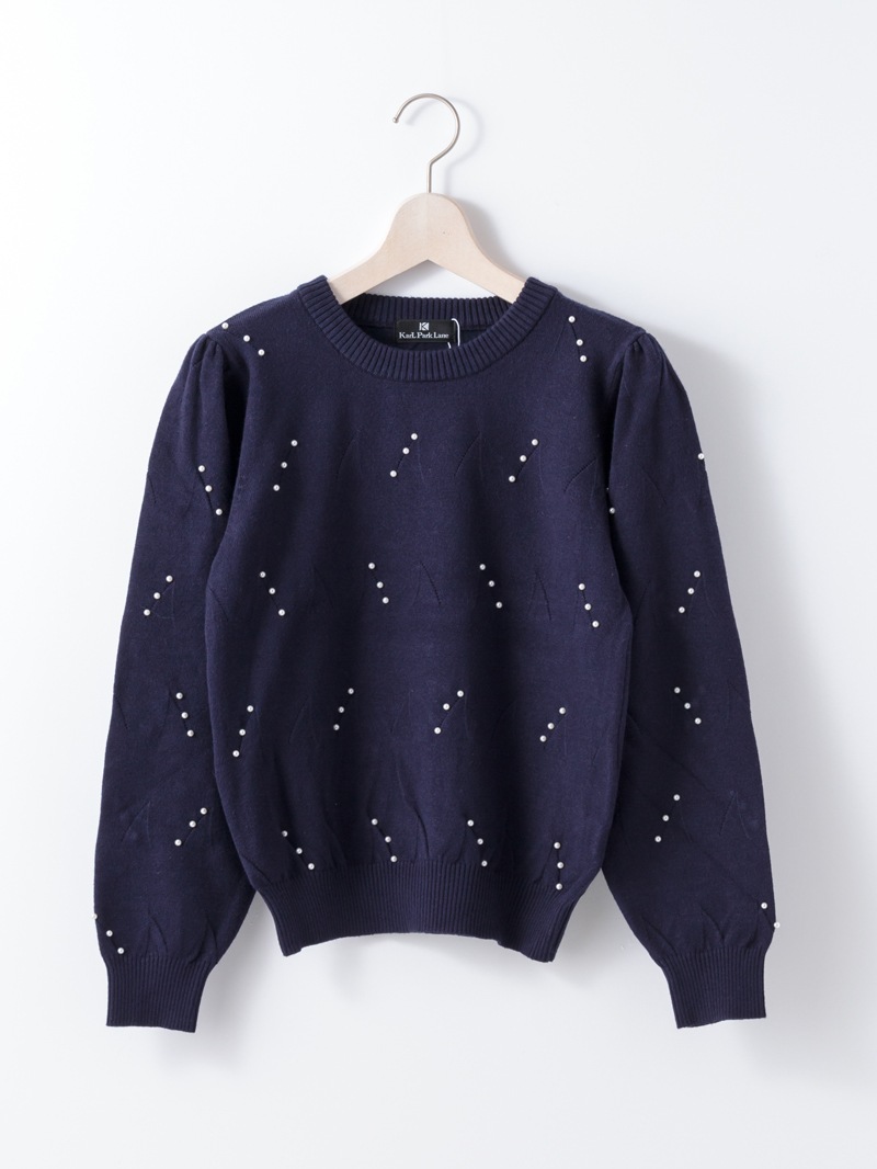 パール刺繍丸首ニット<アウトレット均一価格>