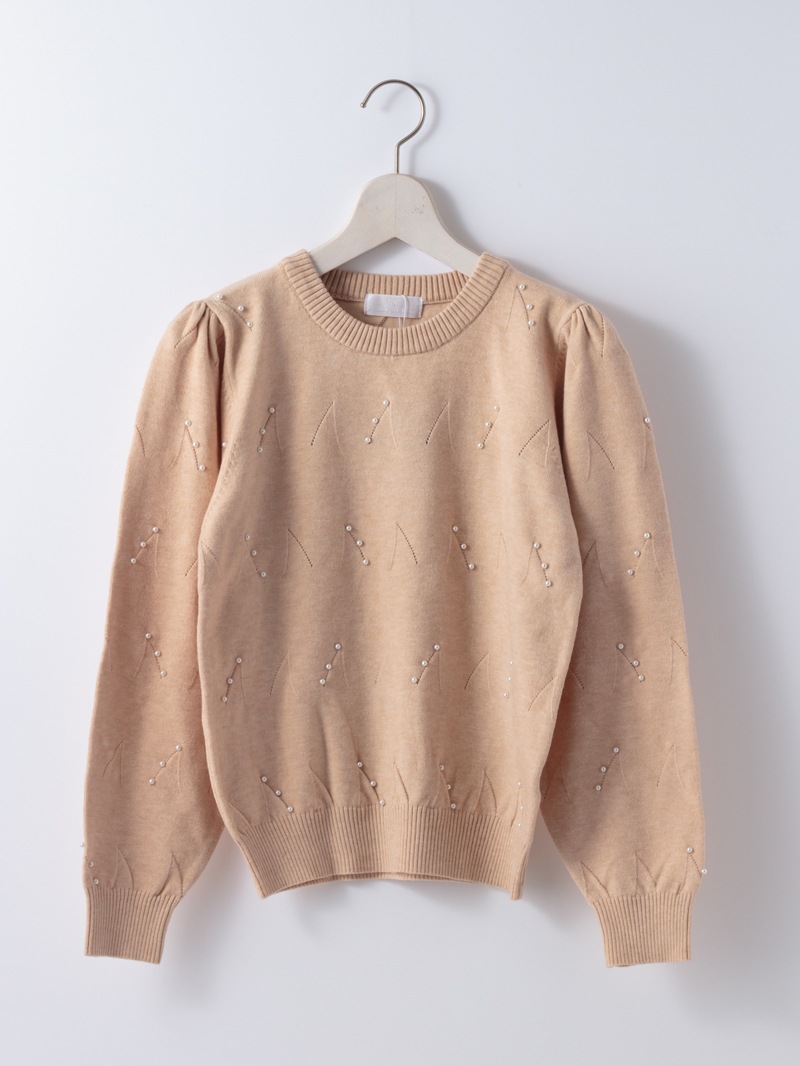 パール刺繍丸首ニット<アウトレット均一価格>